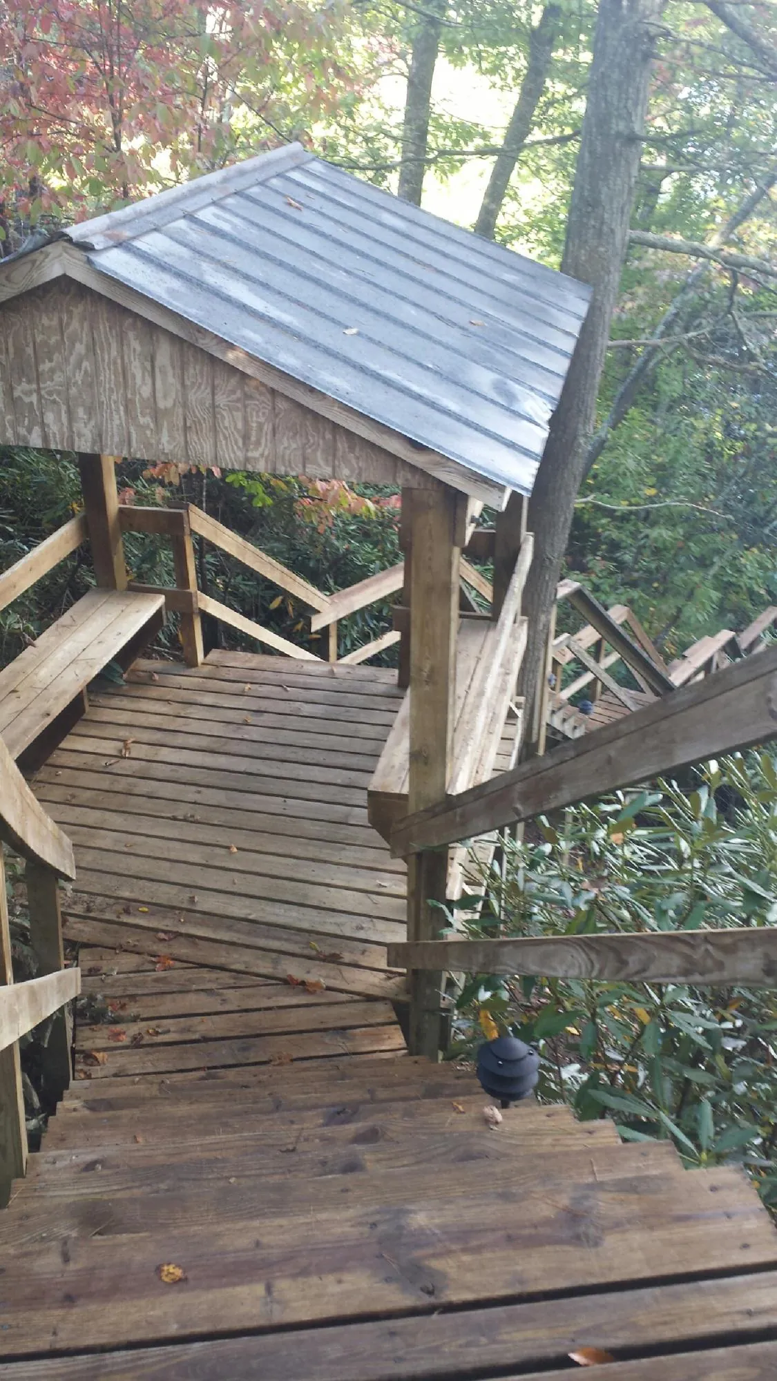 Metal roofed shelter over wooden steps on a wooded walkway — Skylight Repair & Installation work by our crew in Princeville